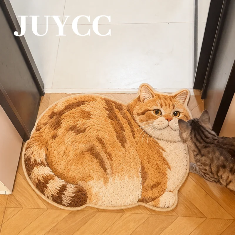 VIKAMA 3D Lifelike Fat Ginger Cat Shaped Rug Non Slip Washable Animal Floor Mat Cute Bedroom Doormat For Cat Lovers Home Decor
