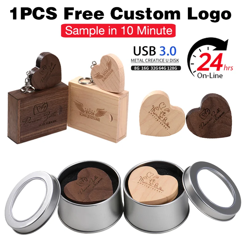 

Free Custom Logo High-speed USB 3.0 Flash Drive128GB Heart-shaped Wooden Free Chain Pen Drive 64GB Iron Box Memory Stick 32G 16G