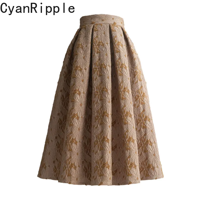 2026 New Spring Autumn Vintage Embroidery Jacquard Ultra Long A-line Skirt All-match High Waist Elegant Women Pleated Skirts