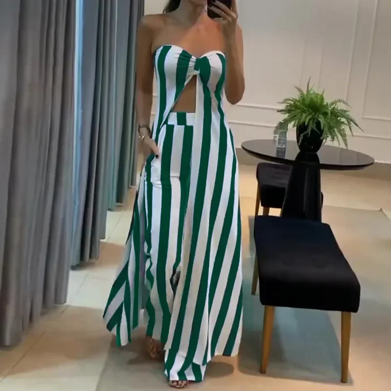 Women\'s New Fall Two-piece Fashion Streak Sex Appeal Navel Exposed Strapless  Bottom Hem Slit Long Top and Long Pants Sets