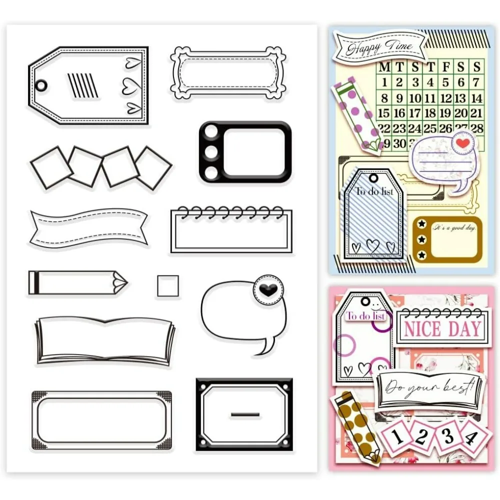 Diary Tags Clear Stamps Handbook Frame Silicone Stamp Transparent Rubber Stamps for 2024 Planner Photo Albums, Holiday Cards,