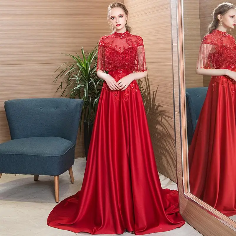 Elegant Silver/Red Prom Formal Dresses High Neck Crystal Tassel A-line Women Celebrity Evening Gowns Arabic Robe De Soiree