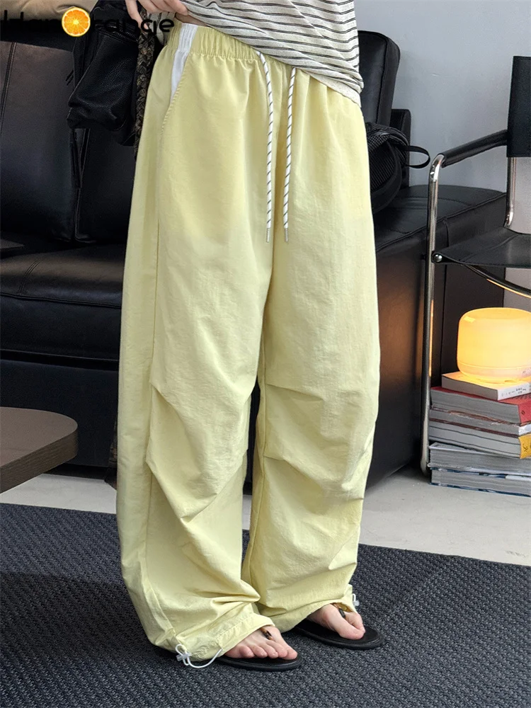 

HanOrange 2025 Summer Drawstring Umbrella Pants Women Lightweight Waterproof Loose Trousers Yellow/Navy Blue/Premium Gray