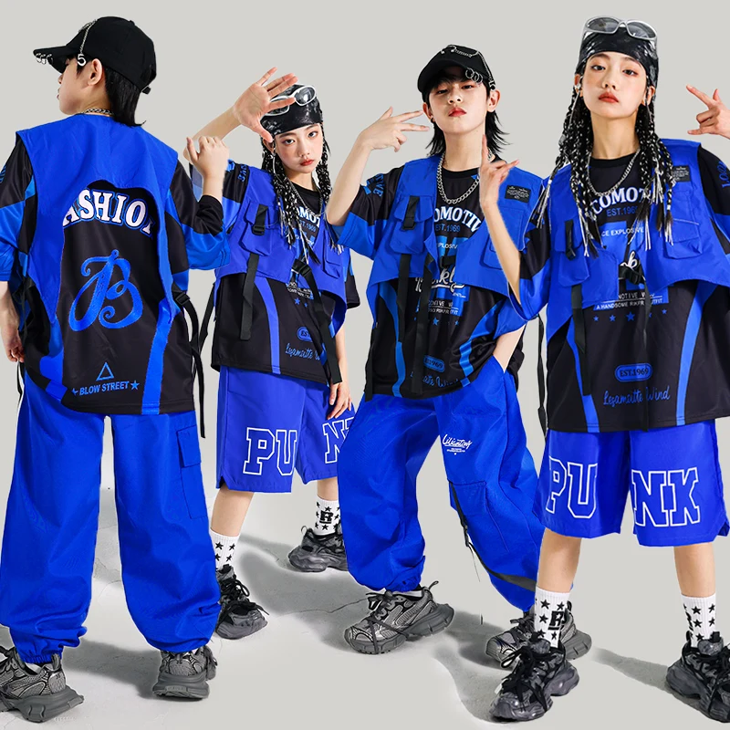 Boys Hip Hop Blue T-shirt Cargo Pants Street Dance Shorts Girls K-pop Jazz Costume Children Cool Clothes Set Kid Streetwear