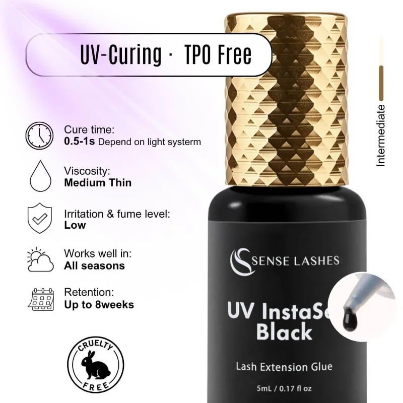 SENSE LASHES UV Glue for Eyelash Extensions Cure Time 0.5-1s Black Low Odour Retention Up to 8 Weeks Lash Adhesive for UV Light