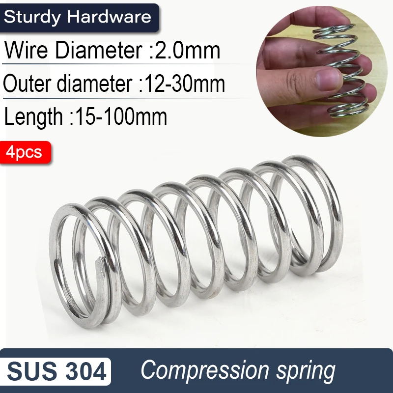 4Pcs 304 Stainless Steel Compression Spring Return Spring Wire Diameter 2.0mm Outside Diameter 12~30mm Length 10mm to 200mm