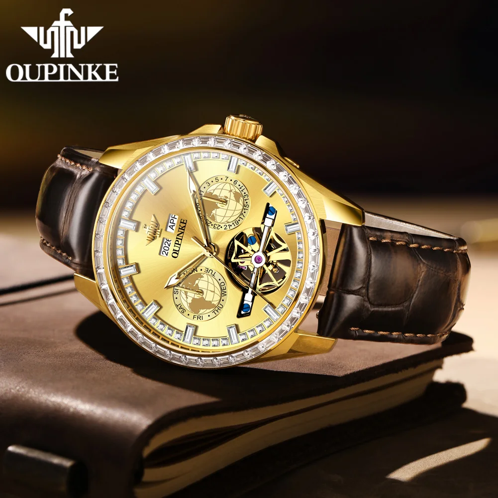 OUPINKE 3280 Automatic Mechanical Men's Watch Original Leather strap Auto Date Waterproof Diamond Wristwatch Man