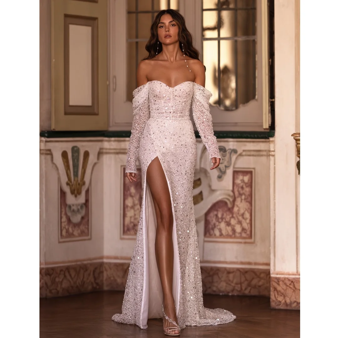 

Sparkly Wedding Dresses Boho Side Split Sequins Luxury Bridal Gown Long Sleeves Plus Size robe de mariée Customized