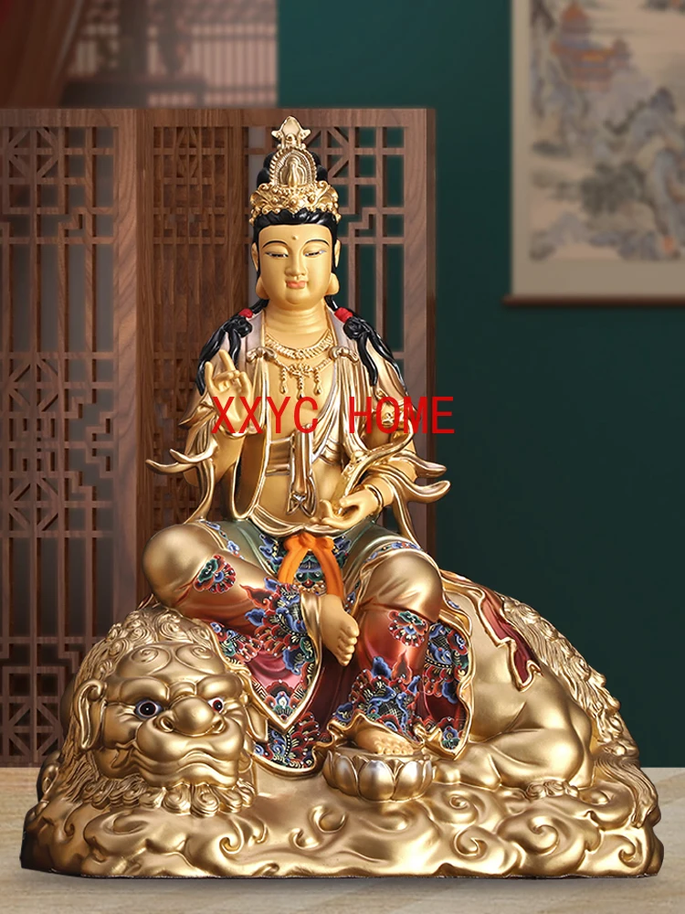 Copper Manshu Bodhisattva/Buddha Statue Puxian Bodhisattva Hand Painting Home Worship Buddha Ornament