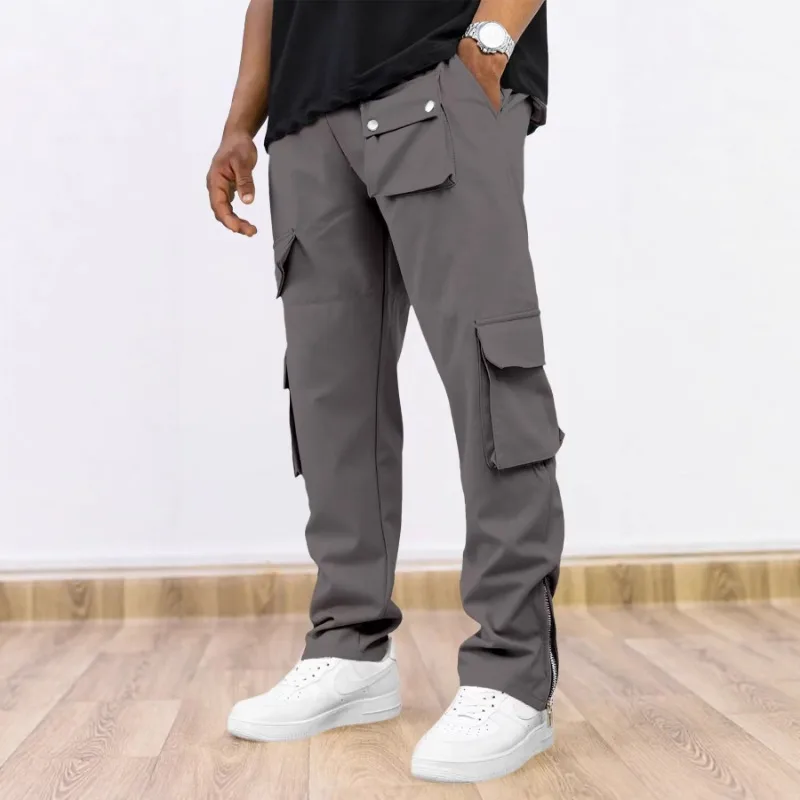 

American Motorcycle Overalls Spring and Autumn Men's Straight Multi-pocket Casual Pants with Zippered Trousers