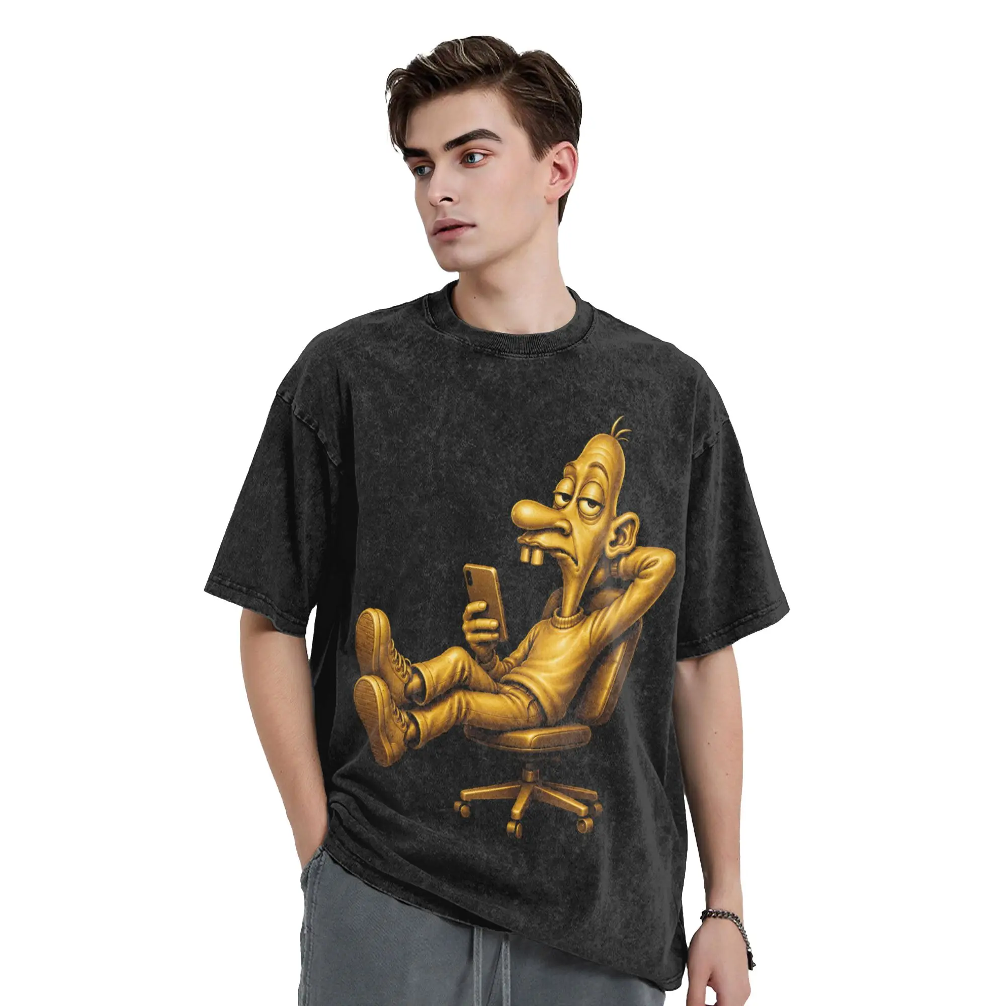 Washed T Shirt Golden Neegy Meme Funny Internet Brainrot Humor Gen Z T-Shirts Harajuku 100% Cotton Printed Tops Tees for Men