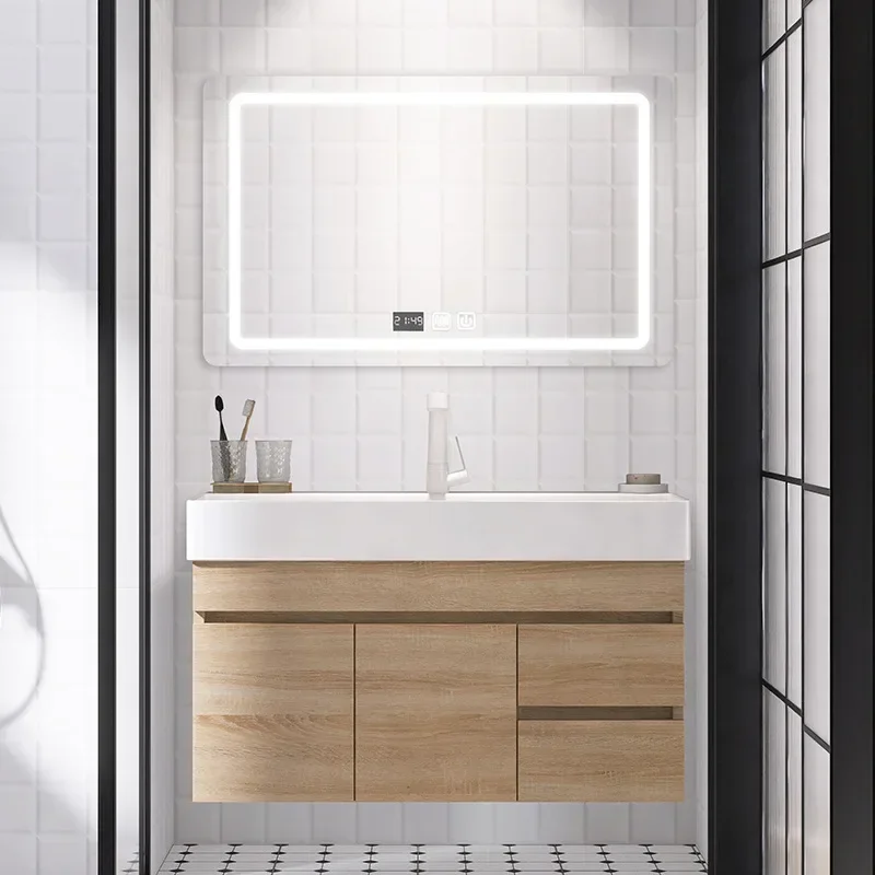 Moderno simples cerâmica integrado grande bacia luz de luxo lavatório espelho inteligente log cor armário do banheiro