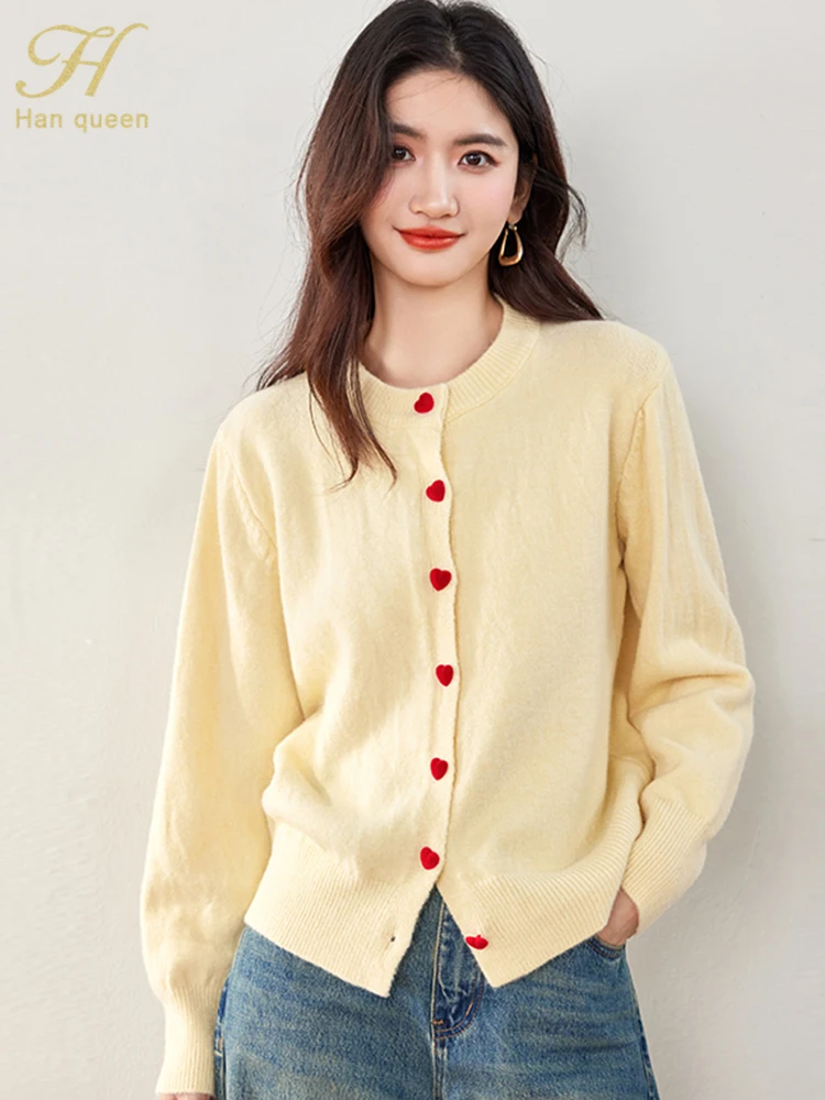 H Han Queen Christmas Sweater Woman Loose Knit Cardigan Sweater Vintage Casual Women Clothing Long Sleeve Simple Outerwears Tops