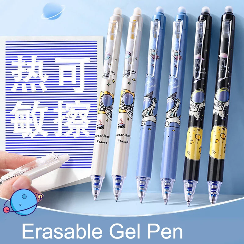 Cute Anime Cartoon Astronaut Erasable Gel Pen Set with Ink Refill 0.5mm Black Blue Kawaii Stationery Kids School Supplies Caneta