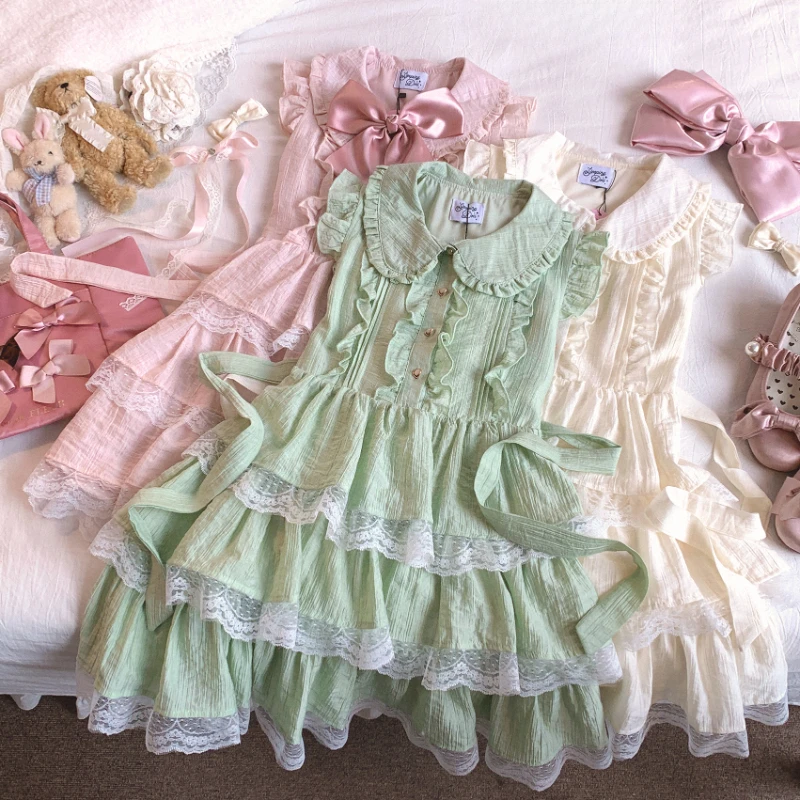 

Japanese Kawaii Lolita Style Princess Dress Women Vintage Sweet Ruffles Peter Pan Collar Dresses Y2k Cute Tea Party Mini Dresses