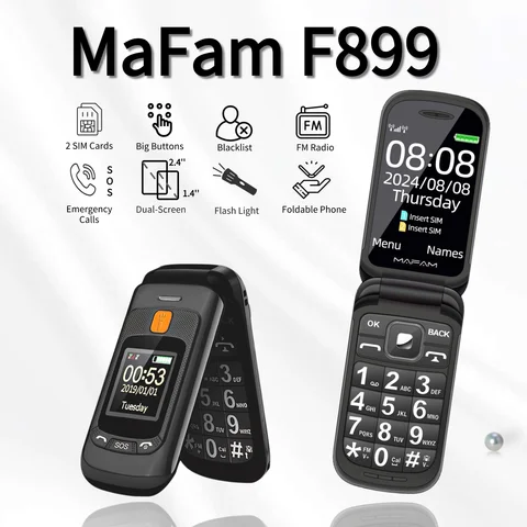 Mafam f899 capa pequena dobrada para idosos, telefone móvel com display duplo, botão sos, chamada rápida, anti-arranhões, preço baixo