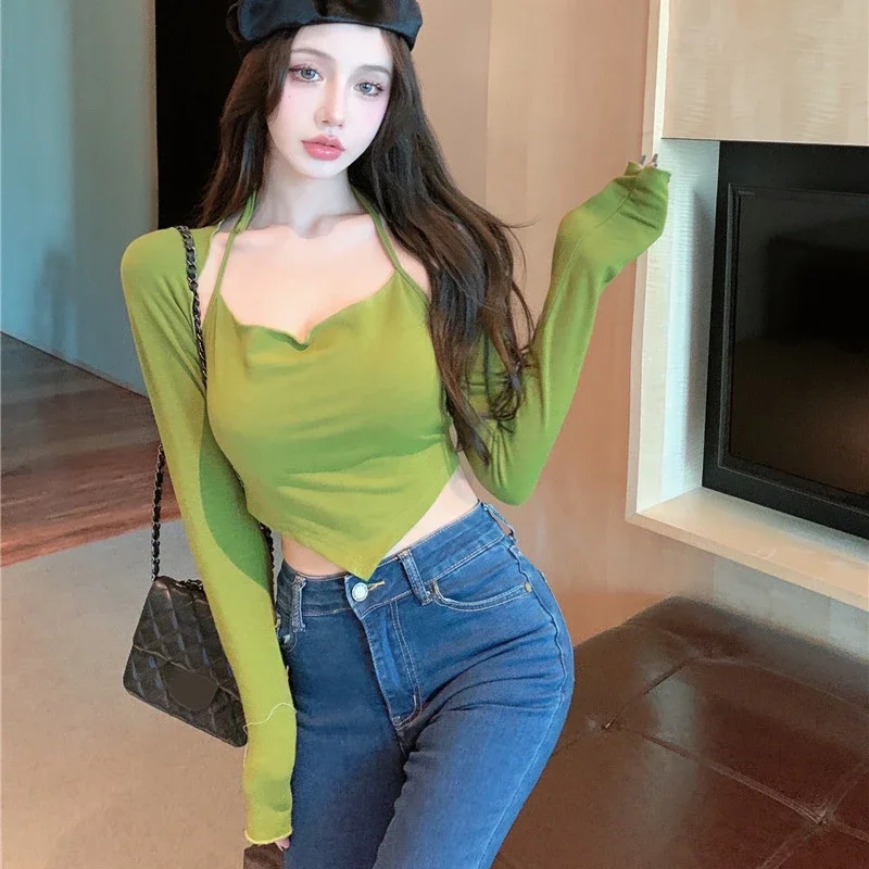 

Комплекты с шалью и майками, женские сексуальные тонкие однотонные универсальные школьницы, повседневные корейские стильные повседневные весенние новые модные популярные топы в стиле ретро