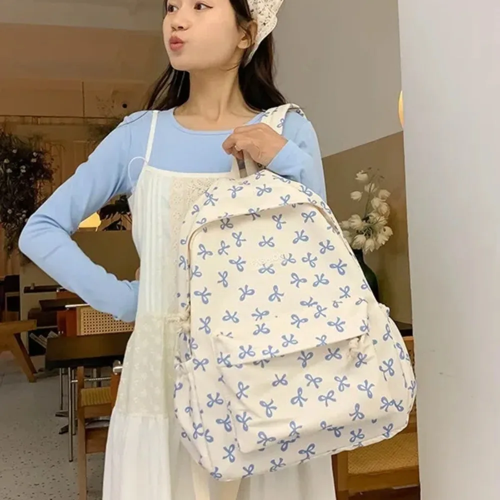 

Cute Bow Printed Student Backpack Adjustable Strap Nylon Women's Backpack Large Capacity Travel Bag Travel