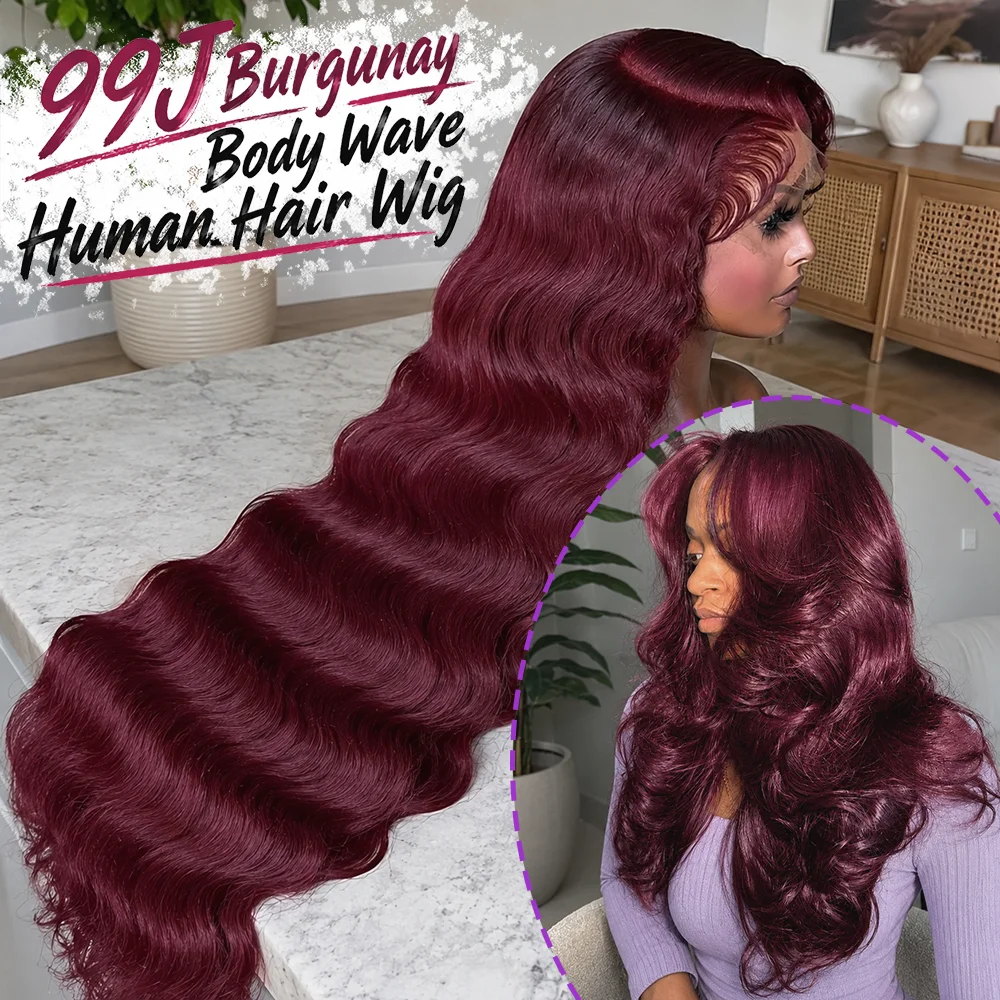 Burgundy 99J Body Wave Pre Bleached knots 13X6 Hd transparent Lace Frontal Wig Human Hair Pre Plucked Invisible Lace Front Hair Wigs For Black Women Brazilian Pre Colored Hair 30 38 Inch