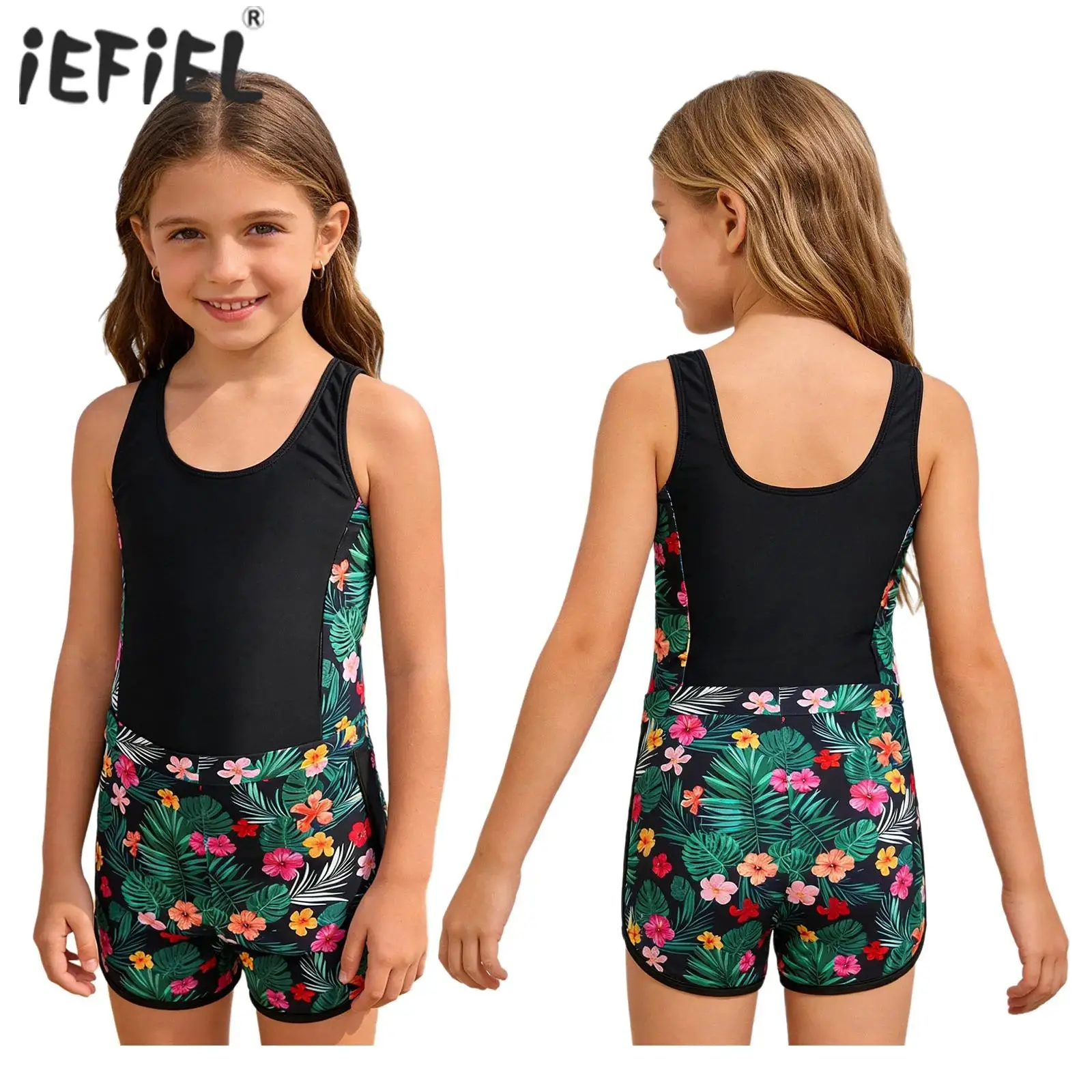 

Детские купальные костюмы для девочек, комплект из 2 предметов: купальник без рукавов с шортами, с цветочным принтом, для пляжа, отдыха и горячих источников