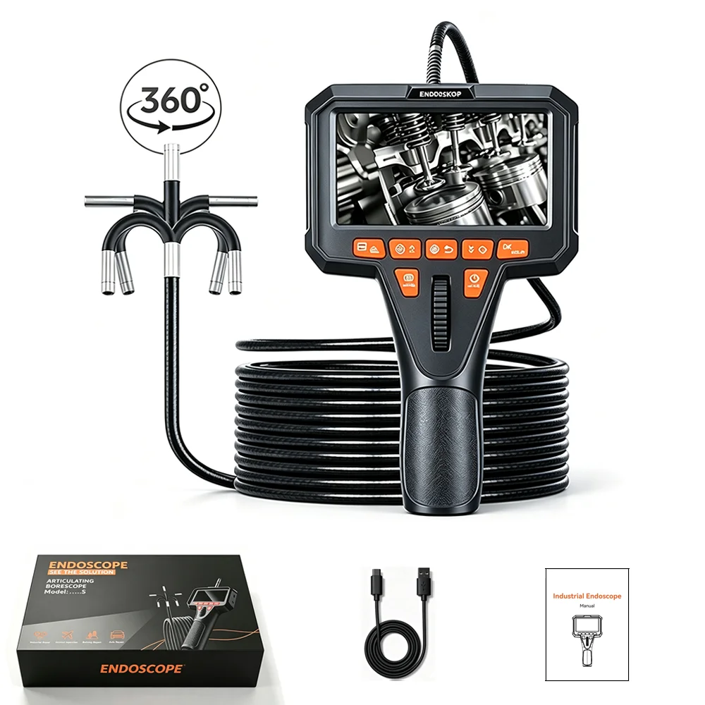 Inspektionskamera, Industrieendoskop, 360°-Zwei-Wege-Gelenk, Endoskop,4,5-Zoll-IPS-Bildschirm, Schlangenkamera,HD 1080P,IP67 wasserdicht, halbstarres Kabel, LED-Licht,Automobilmotor,Rohrkorrosion,