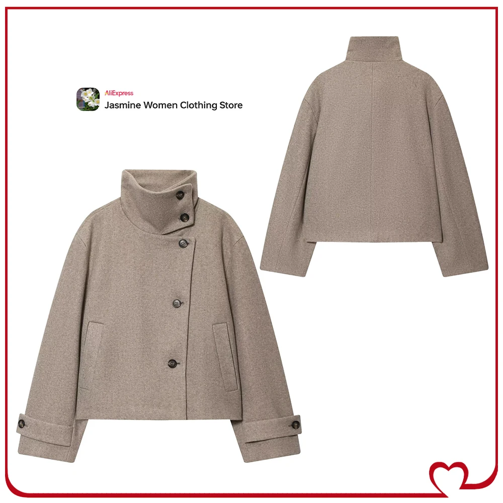 

Элегантные шикарные осенние куртки на пуговицах с высоким воротником для женщин, повседневные удобные осенние пальто с рантовыми карманами и язычками на пуговицах