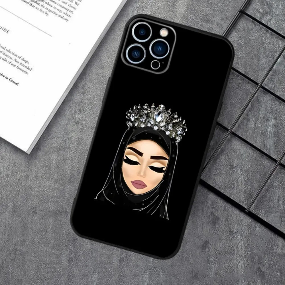 Muslim Arabic Hijab Girl Phone Case For Apple iPhone 15,14,13,12,11,XS,XR,X,8,7,Pro,Max,Plus,mini Silicone Black Cover