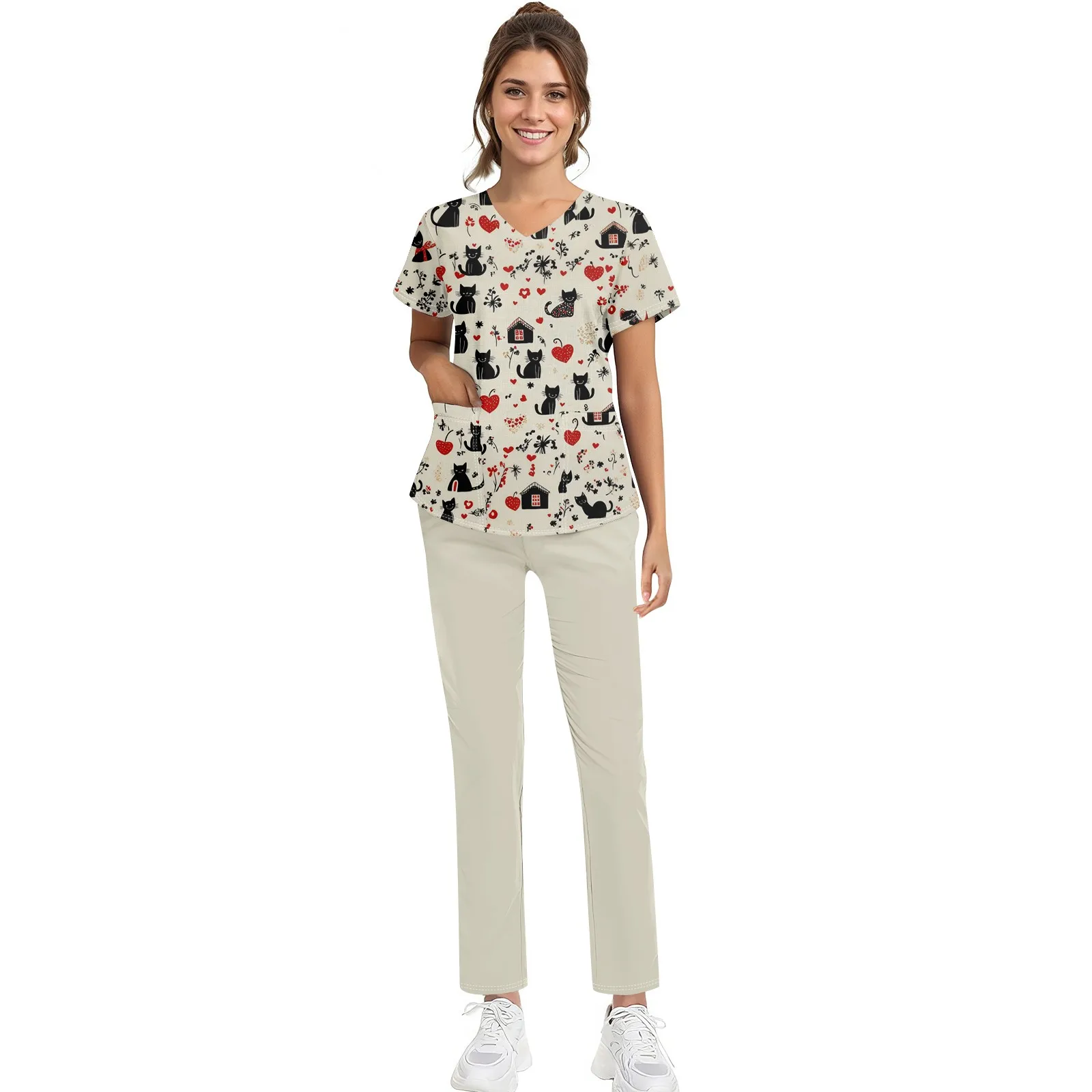 طقم زي عمل نسائي مطبوع عليه زهور تي شيرت بأكمام قصيرة وطبعة الهالوين ورقبة على شكل حرف V وسراويل طويلة ملابس العمل