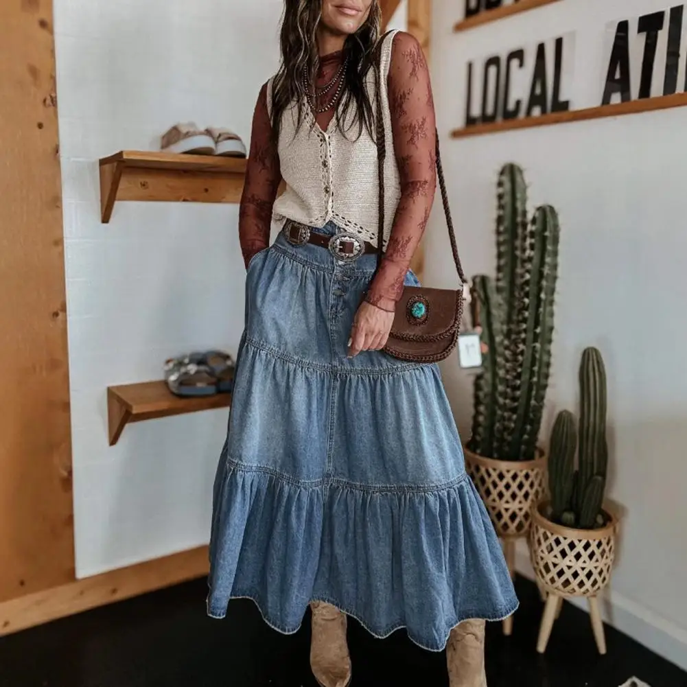 Women Denim Skirt High Waist Buttons Fly Multi Layer Ruffle Stitching Long Skirt Bohemia Style Ruffle Stitching Long Skirt