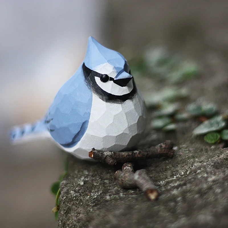 

Wood Carving Blue Jay Handmade Natural Solid Wood Bird Desktop Cyanocitta Cristata Ornament