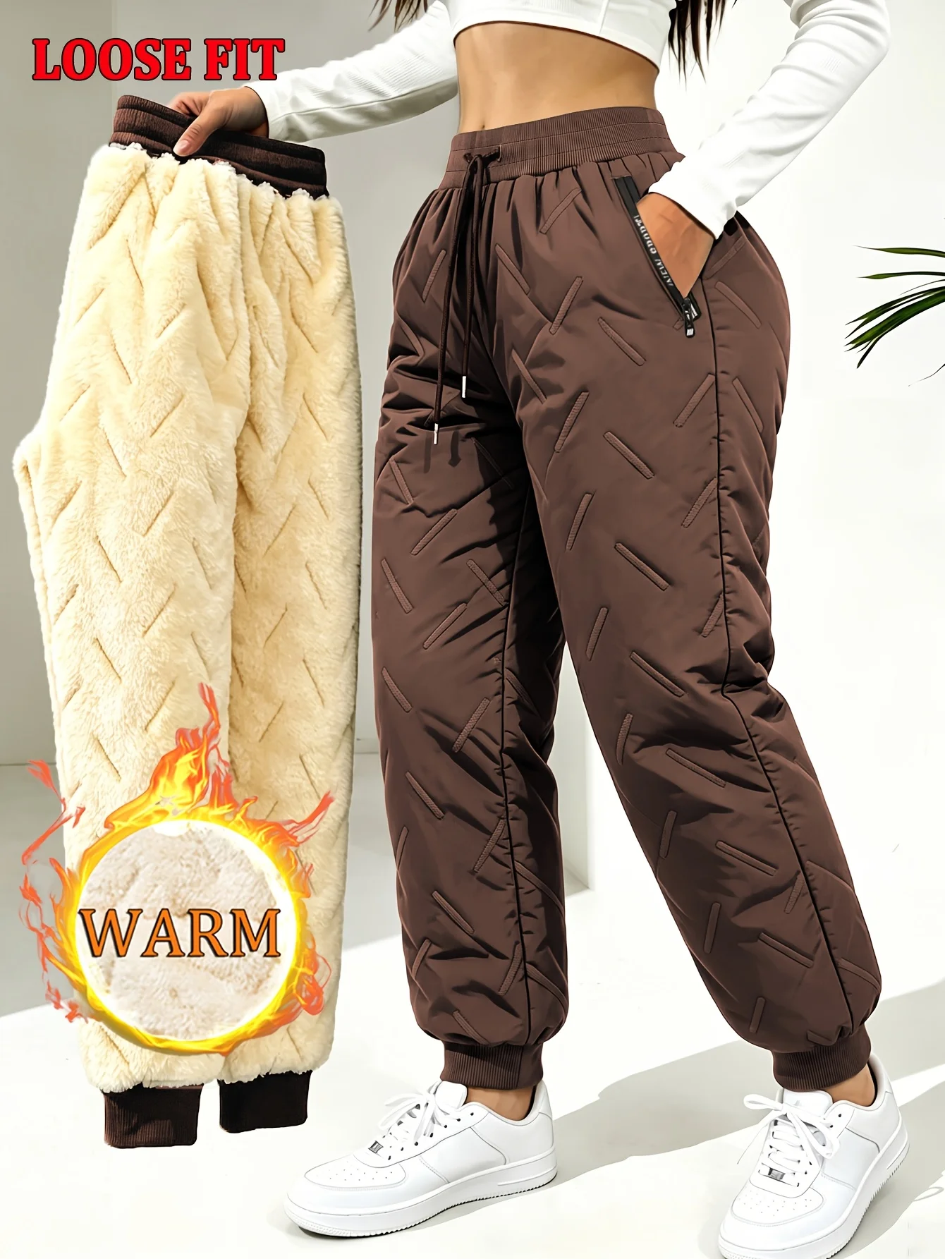 Herren- und Damen-Winter-Fleece-Freizeithosen mit Reißverschlusstaschen für bequeme Passform, Baumwollhosen, winddichte Hosen – Detail 7