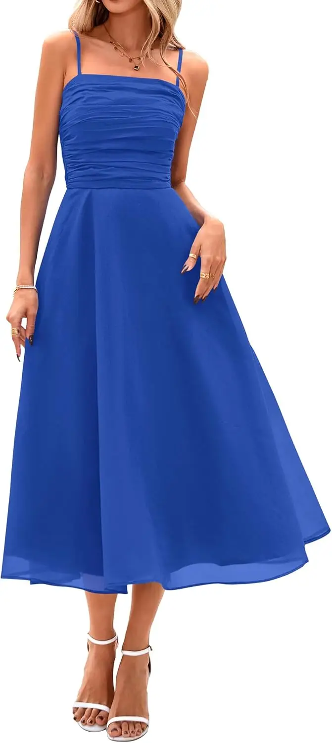 

PRETTYGARDEN Womens Summer Dresses 2025 Spaghetti Strap Sleeveless Smocked Flowy Midi Wedding Guest Dress with Pockets