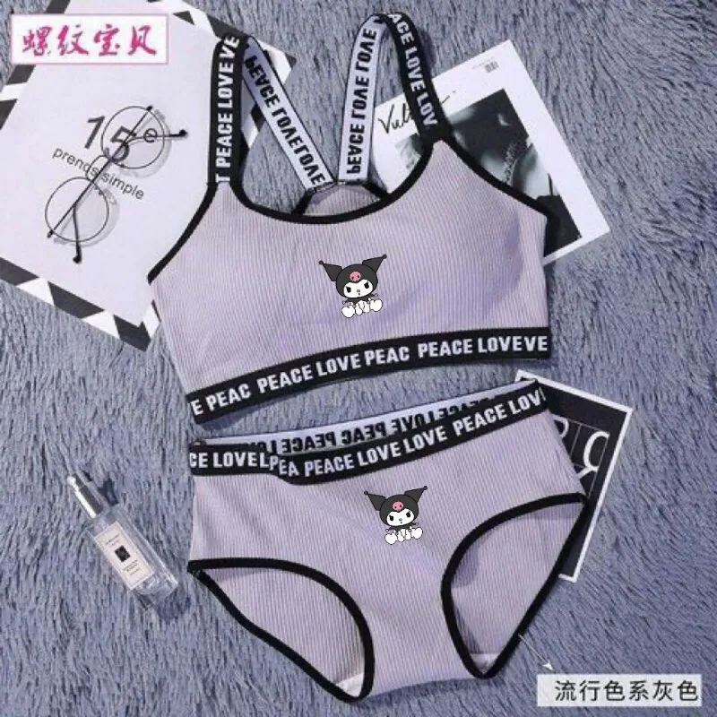 Sanrio Kuromi Underwear Cute Girls\' Bra Cotton No Steel Ring Letter Shoulder Strap Bra Set Beautiful Back Sports Underwear Set