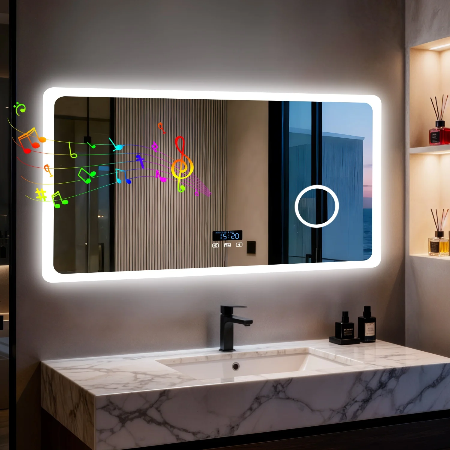 Specchio da bagno Bluetooth LED 80/100/120/CM Touch Antiappannamento con lente d'ingrandimento 3X Dimmerabile con data e impostazione dell'ora Specchio cosmetico