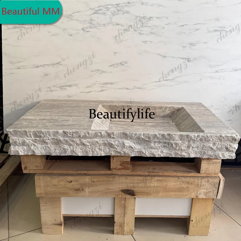 P182 P182 Wabi-Sabi Style Natural Travertine Washbasin Rectangular Art Single Basin Bathroom Bathroom Wall-Mounted Style