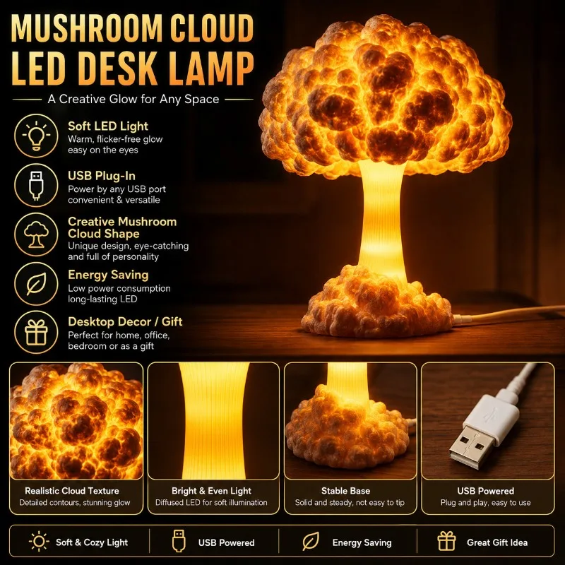 Modern Mushroom Cloud Explosion LED Desk Lamp Creative USB Night Light Resin Table Lamp Home Decor Ambient Light Fixture Lamp