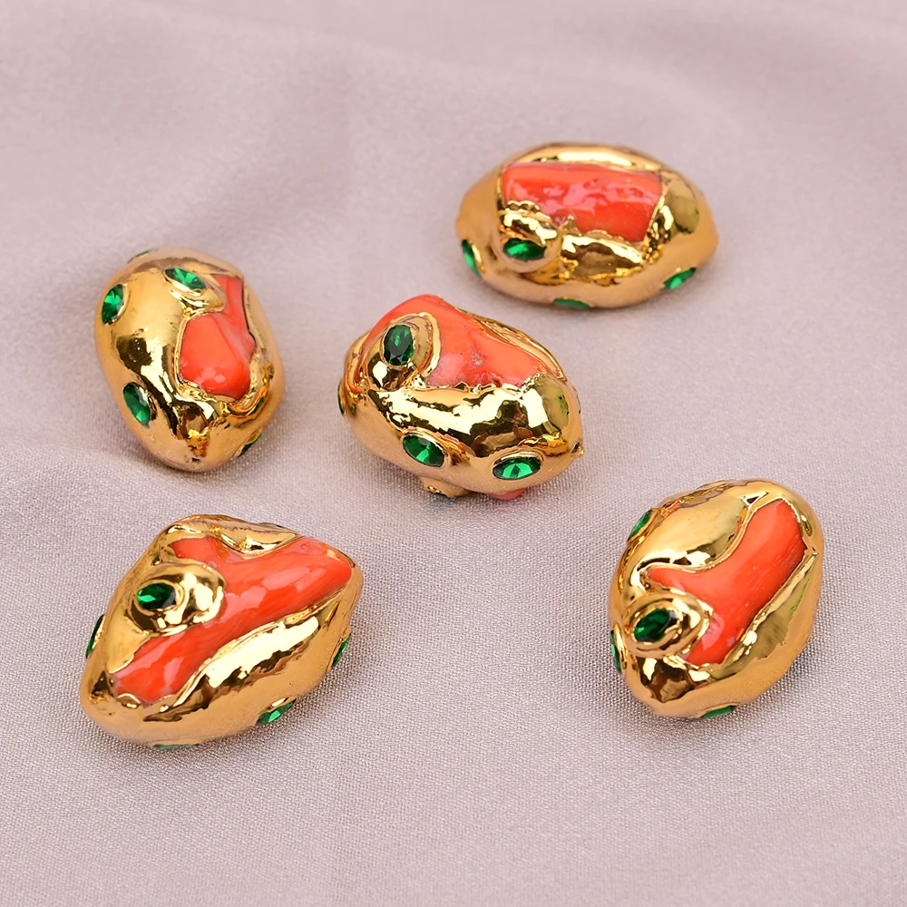 APDGG 5 Pcs Natural Orange Coral Nugget Paved Green Crystal Gold Plated Spacer Beads For Jewelry DIY