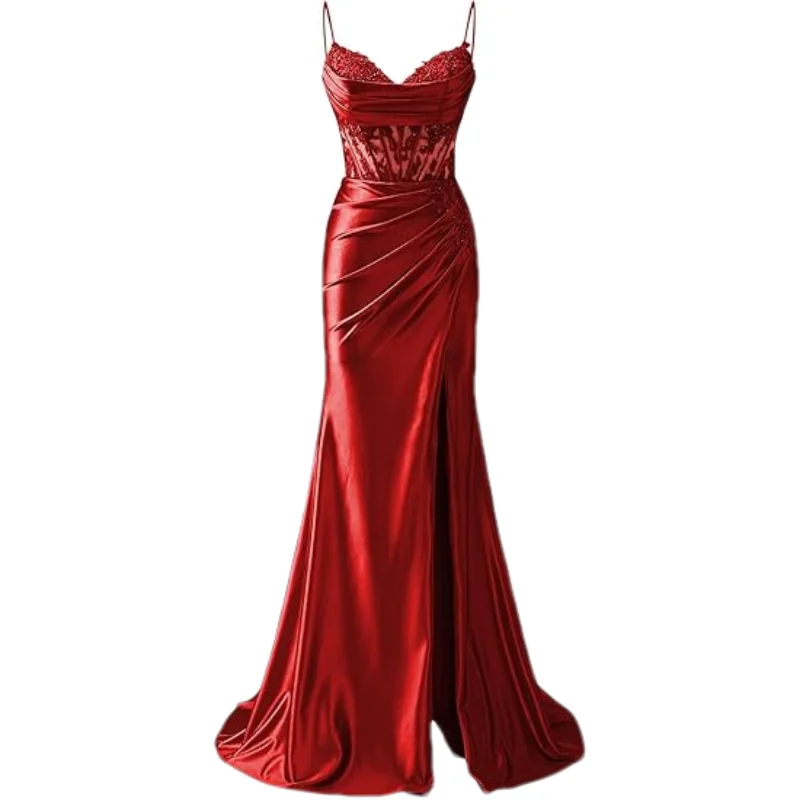 Customized Lace Appliques Satin Prom Dresses for Women with Slit Spaghetti Strap Backless Long Mermaid Evening Formal Gown - view 4