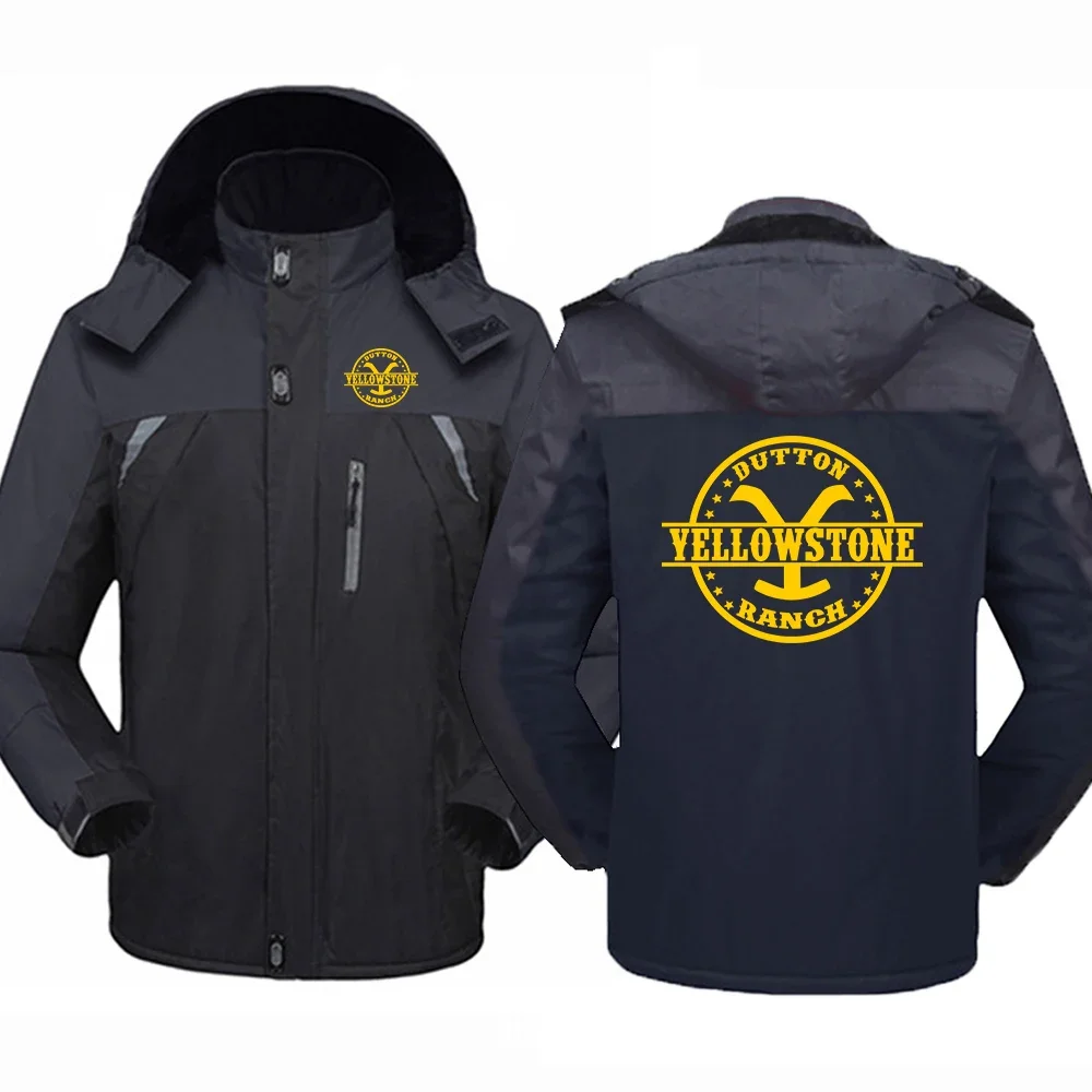 

2024 Yellowstone Dutton Ranch Movie Logo Print Windproof Warm Hooded Coat Autumn Winter Men Zip Patchwork Thickened Windbreaker