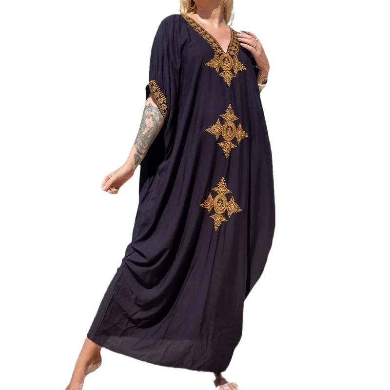 Gold Embroidery Long Kaftan Dresses V Neck Caftan Dress Beach Cover Ups for Women Embroidery