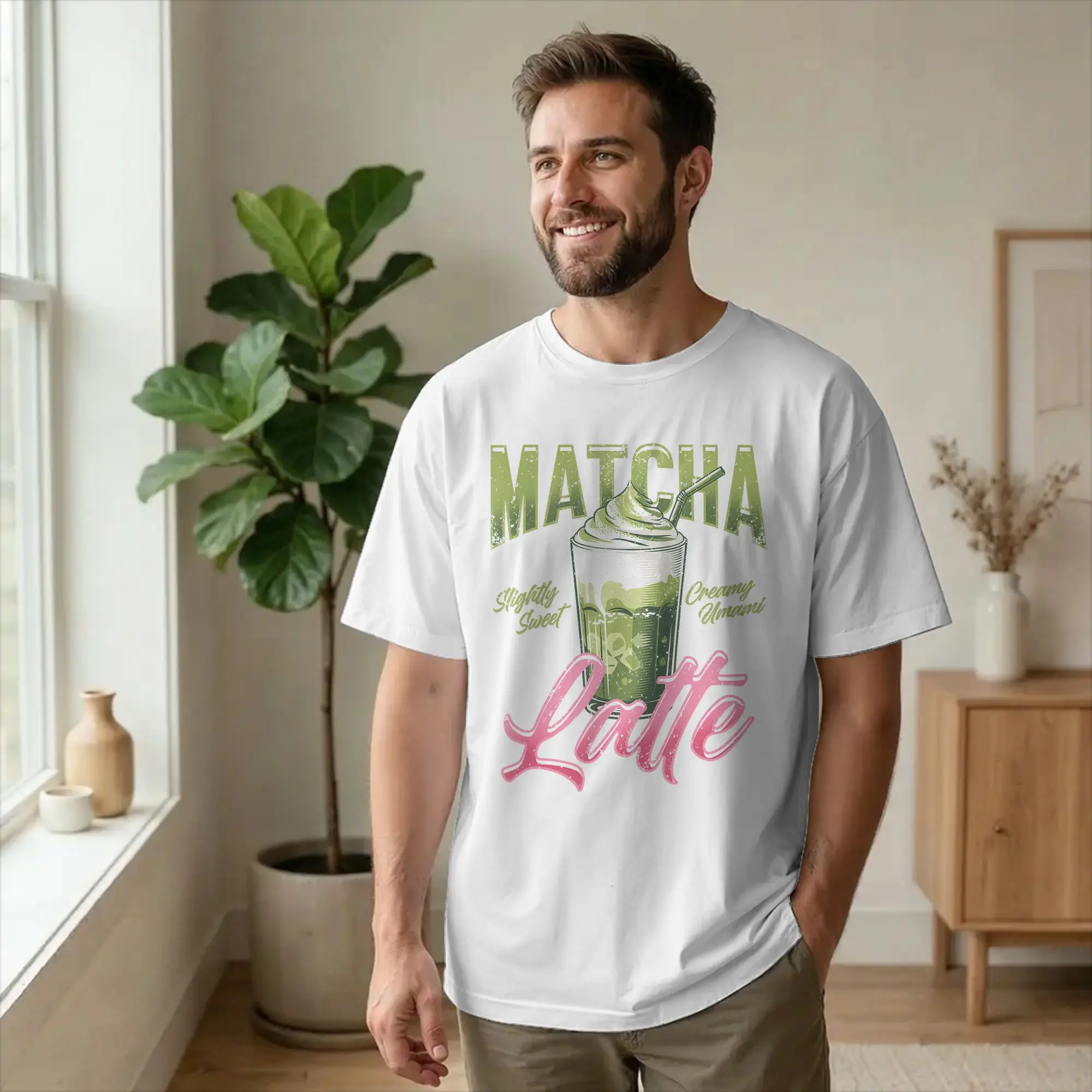 Men T-Shirt Drink Matcha Latte Umami Green Tea Funny Pure Cotton Tee Shirt Short Sleeve Creamy T Shirts Round Neck merch 6XL