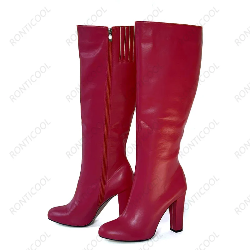 Ronticool Handmade Women Winter Knee Boots Faux Leather Side Zipper Chunky Heel Round Toe Classic Black Shoes Plus US Size 5-20