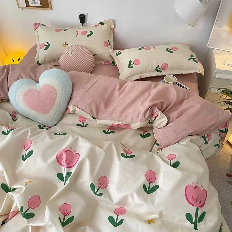 

Ins Pink Tulip Bedding Set Floral Duvet Cover Flat Bed Sheet Pillowcases Single Queen Size Boys Girls No Filling Home Textile