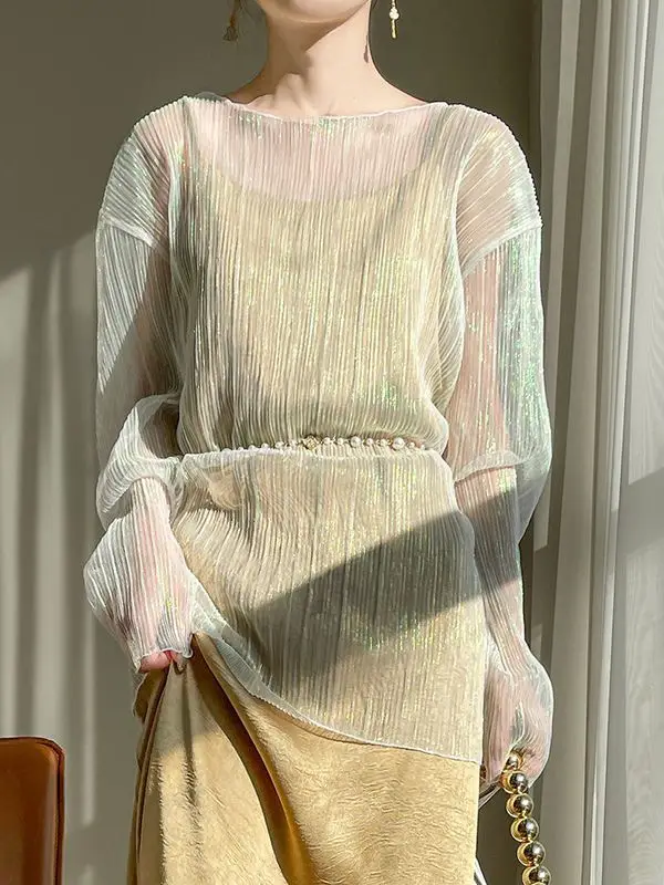 

Retro Bright Thread Lace Sleeveless Long Sleeve Women's Loose Casual Translucent Sun Protection Shirt Air Conditioner Spicy G...