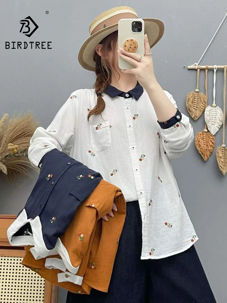 New 2026 Autumn Women Cotton Yarn Long Sleeve Shirt, Turn-down Collar Embroidery, Mori Girl Design Sense Loose Blouse T69386CC
