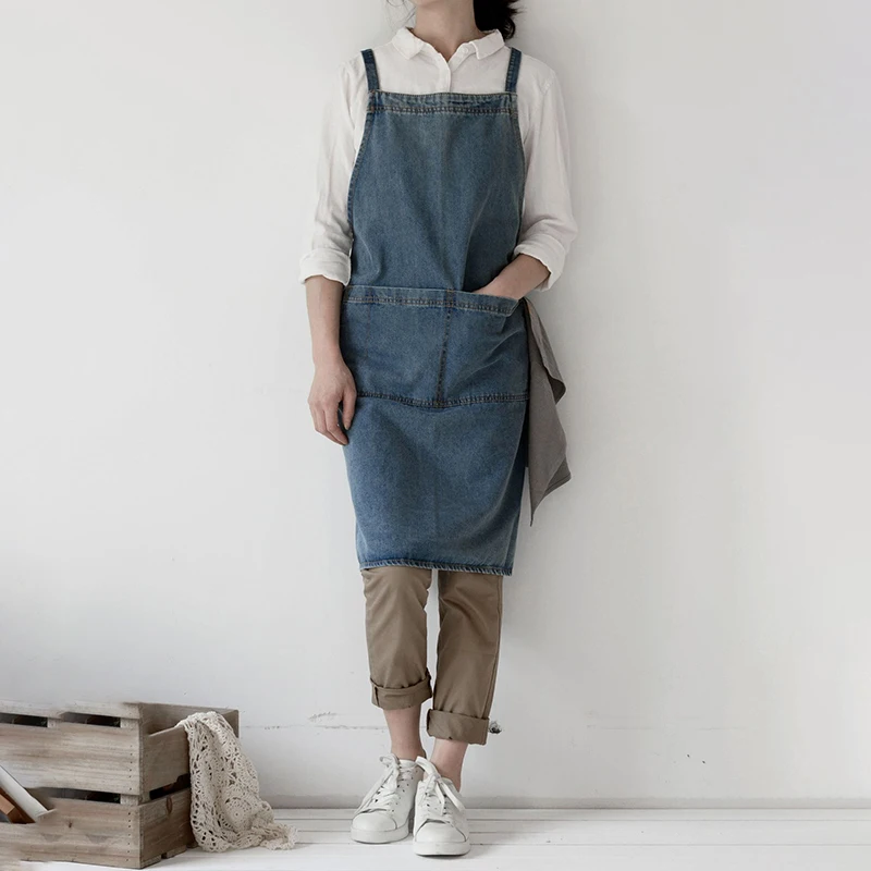 Denim Apron Cotton Korean Canvas Antifouling Home Cleaning Kitchen Cooking Work Clothes Barber Apron Leisure Gardening Baking