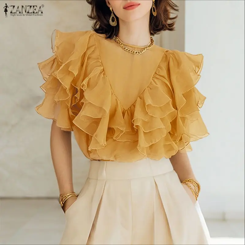 

Элегантная блузка ZANZEA с оборками, однотонная, летняя, модная, с коротким рукавом, круглым вырезом, повседневная, прозрачная, для работы, 2026