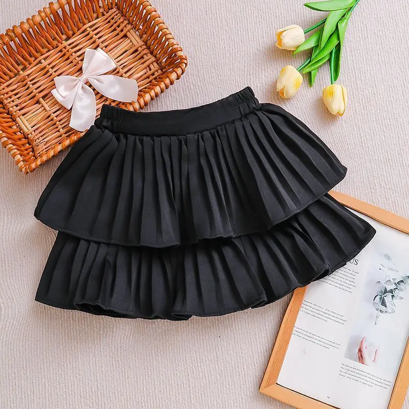 Girls Skirt White Pleated Layered Skirt School Child Black Pink All-match Tutu Casual Infant Kids Mini Short Skirt 3 To 16 Years