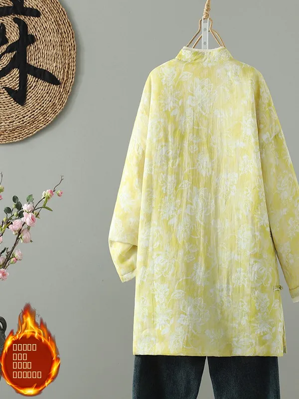 เสื้อโค้ทผ้าไหมผสมฝ้ายสไตล์จีนใหม่สำหรับผู้หญิง  แบบติดกระดุมด้านข้าง คอตั้ง ลายพิมพ์  สำหรับฤดูหนาว