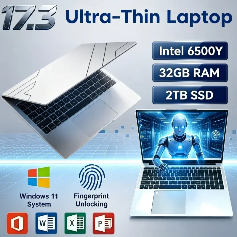 Hot Deal 17.3 Inch Large Display Notebook Intel 6500Y 32GB RAM 2TB SSD Windows11 Slim HD Laptop For Home Study